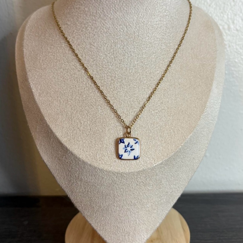 Handmade Gold/Blue Flower Necklace | Waterproof & Tarnish Resistant - Picture 2 of 5